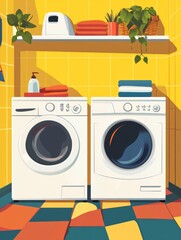 Bright Yellow Laundry Room with Washer and Dryer - Flat Vector Illustration
