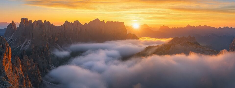A breathtaking view of the sunrise illuminating the jagged peaks of the Dolomites in Italy, with soft clouds rolling through the valleys below, Dolomites sunrise scene