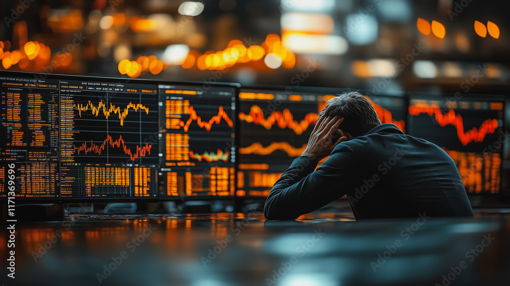 Poster the pressure of the market: a lone figure sits hunched over a desk, surrounded by multiple computer 