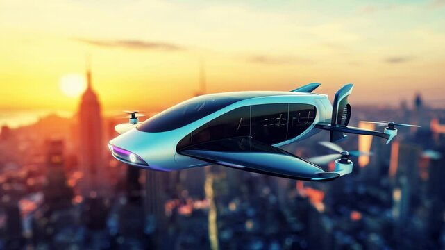 Flying car glides over a megacity at sunset, surrounded by buzzing drones. A futuristic concept symbolizing innovation in aerial transportation and urban mobility.