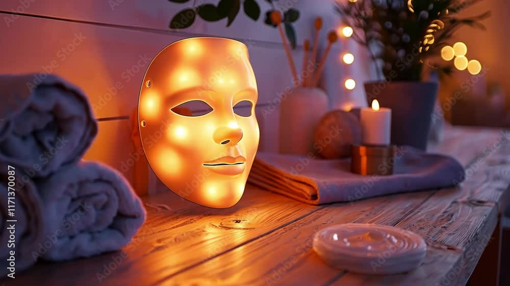 Poster This Soft lighting creates a tranquil atmosphere while spa tools await use on a wooden table.