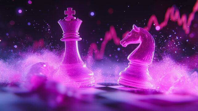 Strategic Showdown: Pink chess pieces, king and knight, stand amidst a vibrant pink and purple smoke, with a subtle stock market graph in the background.