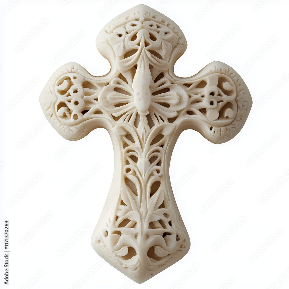 Poster handmade bone cross with intricate carvings isolated on a white background. unique cross crafted fro