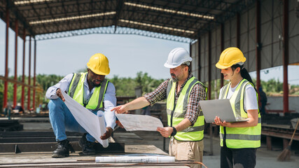 Engineer checking building strength and foundations, showing construction. Worker in construction...