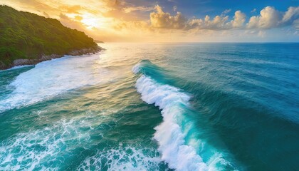 Breathtaking Aerial Top View of Ocean Sea Water with White Waves Splashing Against the Shoreline A Stunning Natural Landscape Captured from Above