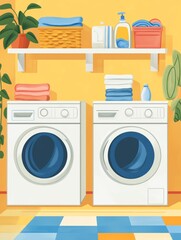 Flat Style Laundry Room Illustration: Clean, Modern Washer and Dryer with Plants