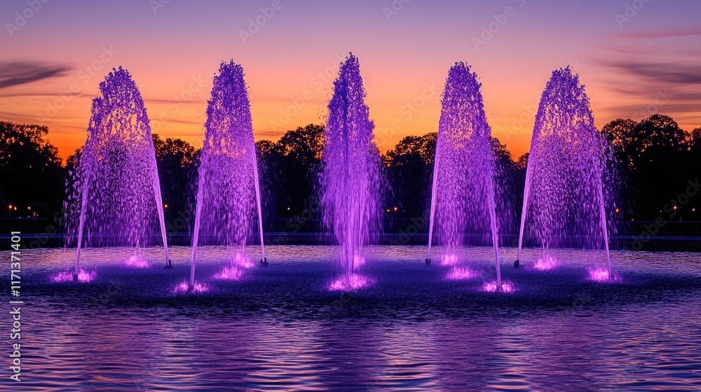 Poster Illuminated purple fountains at sunset.