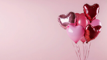Floating pink and red helium heart balloons arranged on a pink background with copy space, capturing the spirit of Valentine’s Day