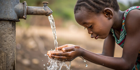 Child enjoying fresh water from community well promoting clean water access and sustainability.