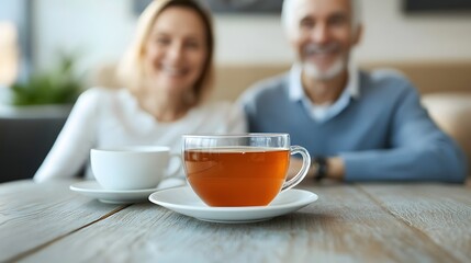 An elderly couple sitting together at the dining table enjoying a warm cup of tea and each other s company in a cozy comfortable setting  They are smiling and engaged in a peaceful