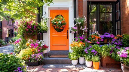 Vibrant flowers adorn a bright orange front door of a charming brick house on a sunny day.