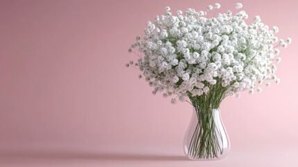 White Baby's Breath flowers in a clear glass vase against a pink background.