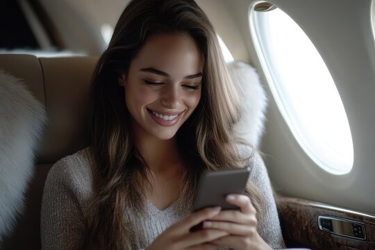 Successful businesswoman looking at smartphone traveling on private jet - Powered by Adobe