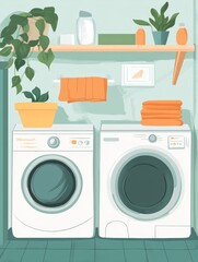 Modern Minimalist Laundry Room Flat Illustration - Washer Dryer Plants Home Decor