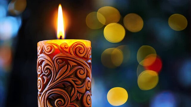 Beautifully carved candle with warm flame and soft bokeh lights creates cozy ambiance, perfect for home decoration and relaxation, inviting warmth and comfort.