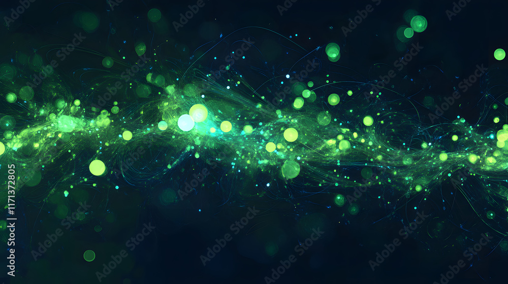 Poster abstract background featuring a glowing data visualization with vibrant green and blue particles flo