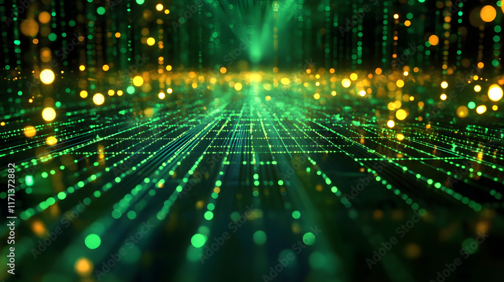 Aufkleber abstract background featuring a vibrant matrix of green and yellow lights creating a digital landsca