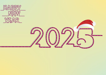 Happy New Year 2025. Hanging golden metallic numbers 2025 with stars, balls and snowflake on blue background. Reindeer, gift boxes, metallic pine or fir, cone shape spruce trees. Vector illustration.