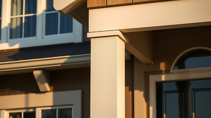 Close-up of a house exterior, focusing on a light beige column supporting a porch roof.  The house features brown siding, white windows, and a dark-colored door.  Warm sunlight casts shadows.