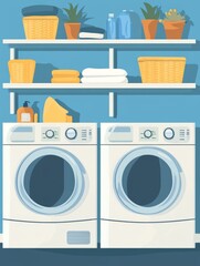 Organized Laundry Room: Flat Vector Illustration of Washer, Dryer, and Shelves with Supplies