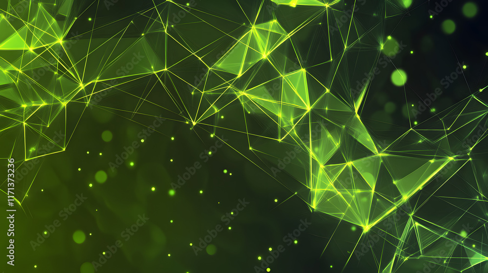 Poster abstract background featuring glowing green geometric shapes and light particles creating a digital 