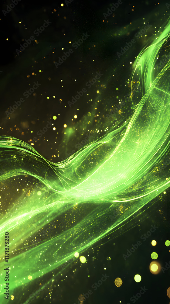 Poster glowing green abstract background with flowing lines and shimmering particles creates a vibrant and 