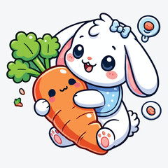 A cute cartoon of a white rabbit baby hugging an illustrated