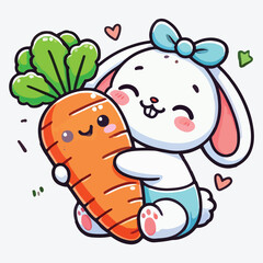 A cute cartoon of a white rabbit baby hugging an illustrated