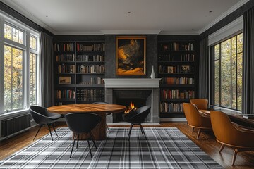 Mid-century modern living room with fireplace, dining table, bookshelves, gray wallpapered walls, gray plaid rug, and white wainscoting around windows.
