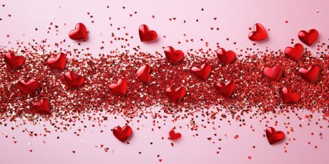 A whimsical scene of vibrant hearts sprinkled across a soft pink canvas, playfully accompanied by cheerful red confetti, celebrating love's enchantment.