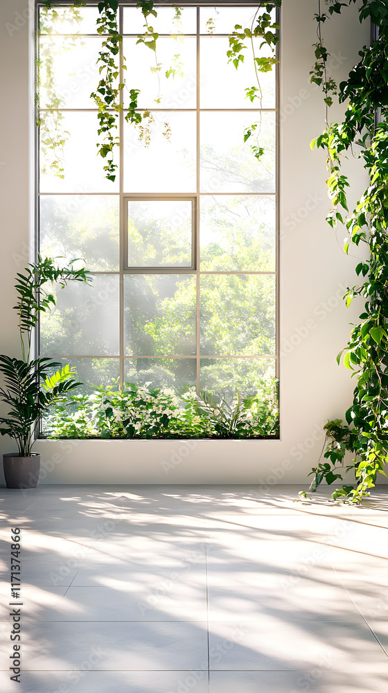 Poster a modern sunlit room features large windows adorned with greenery, creating a serene atmosphere with