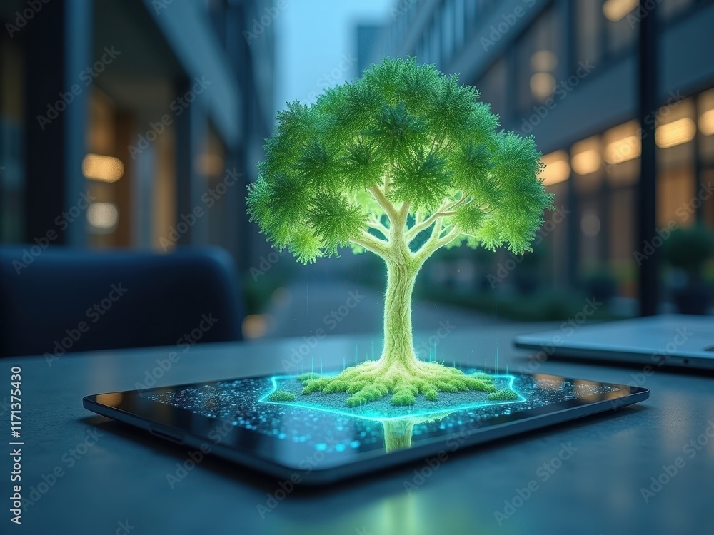 Aufkleber digital tree emerging from a tablet in a modern urban setting during twilight showcasing innovation 