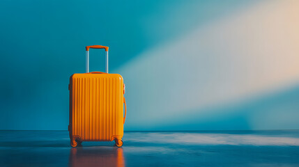 A vibrant orange suitcase stands alone against a minimalist blue background, casting shadows and evoking a sense of adventure and travel