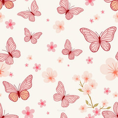 Pink Butterflies & Cherry Blossoms Seamless Pattern - Pastel palettes
