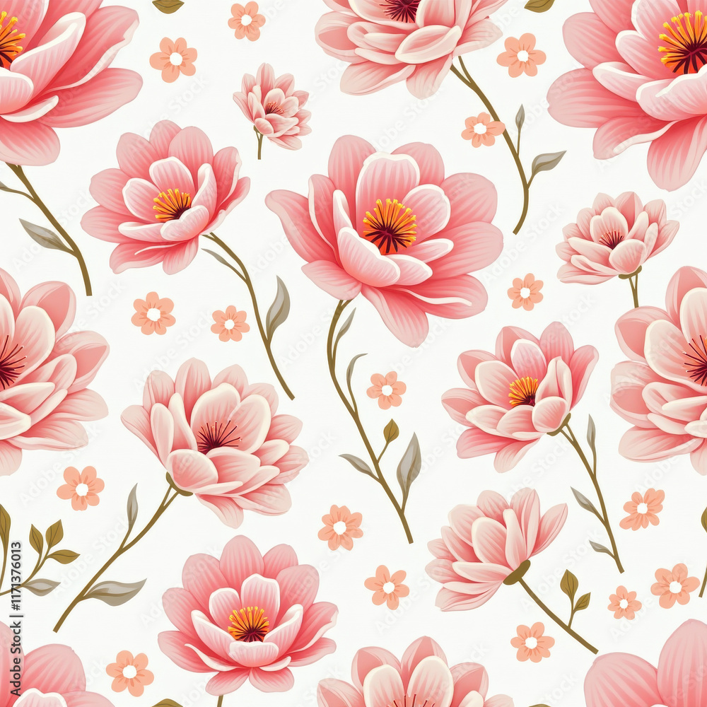 Sticker Pink Floral Seamless Pattern, Botanical Design - Botanical illustra.