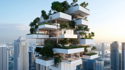 Obraz premium Futuristic Eco-Friendly High-Rise Building Surrounded by Urban Landscape and Lush Greenery