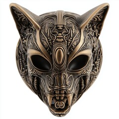 Naklejka premium Decorative bronze sculpture of an intricately designed cat face, isolated on white. Detailed sculpture of a cat face with striking features and ornaments.