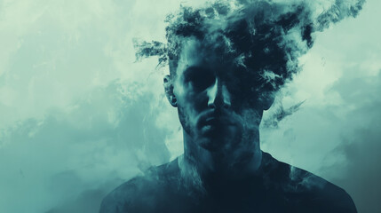 Dramatic abstract art, a young man in emotional distress or feeling intense emotions, landscape format with copy space for text or additions.