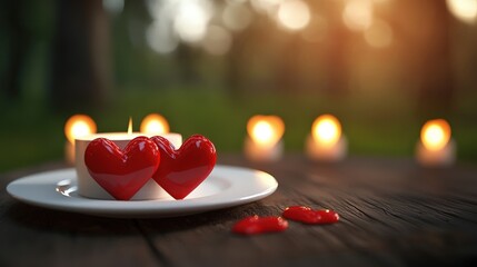Valentine's day romantic garden party setup with glowing heart lanterns in nature soft evening light love theme
