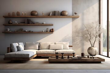 Minimalist living room with wooden furniture, shelves, and natural decor. (1)