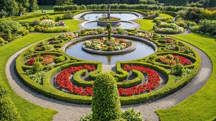 A well-kept garden with flower beds, pathways, and water features from above.