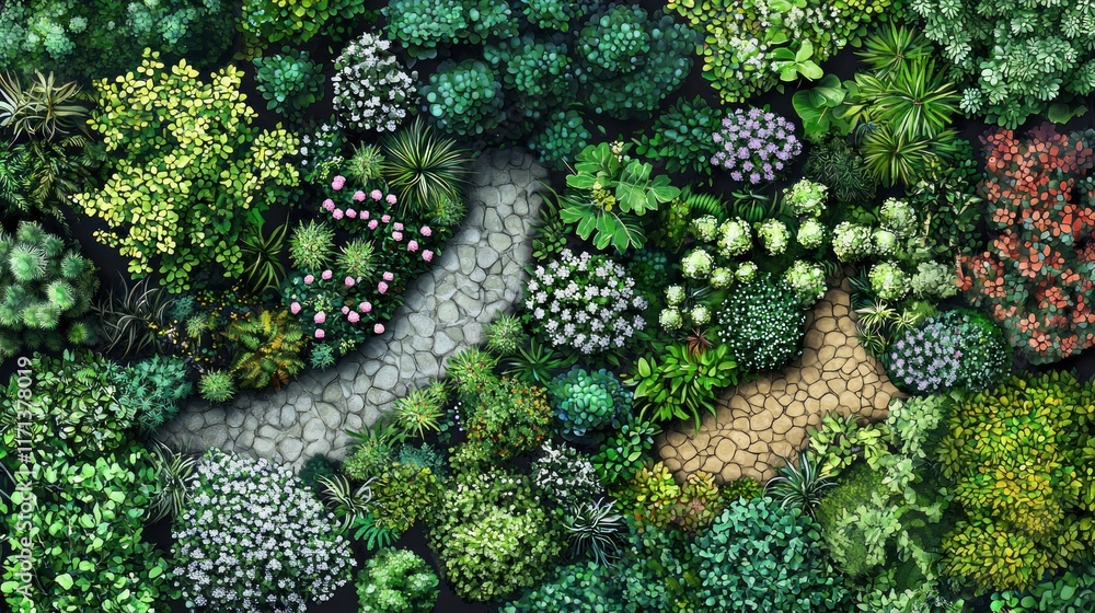 Poster an overhead view of a lush garden with various plants and trees in intricate patterns.