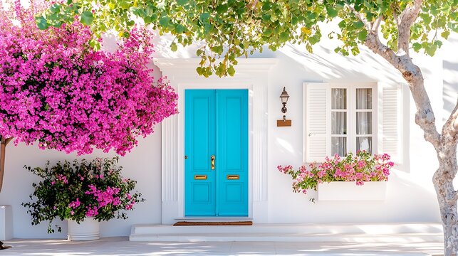 Vibrant pink bougainvillea blooms frame a teal door on a whitewashed building.