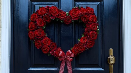 Elegant heart shaped wreath made of lush red roses and decorative ribbons hanging on a wooden door creating a romantic and festive atmosphere for Valentine s Day