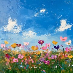 Obraz premium cosmos flower field with blue sky background