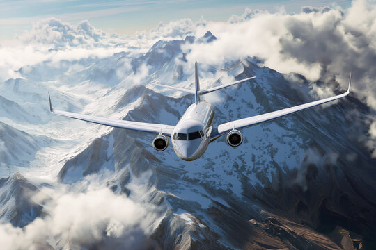 Luxury private jet flying over a snow-capped mountain range.