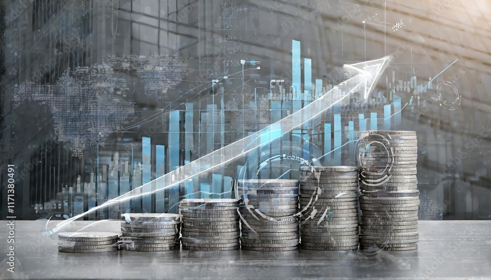 Poster stack of coins with graph chart growth up visual representation of business marketing success and fi