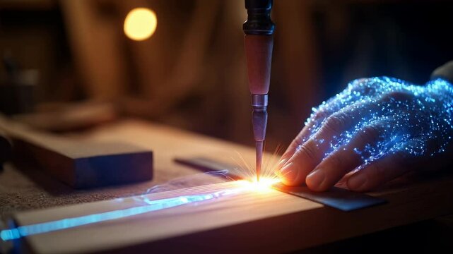 Craftsman's hand glows with holographic tools, merging traditional woodworking with futuristic guides. A workshop symbolizes the harmonious rebirth of handcraft through technology