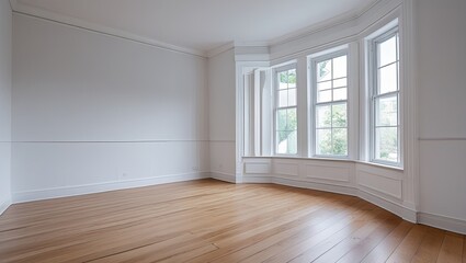 Obraz premium A blank room with white walls, hardwood floors, and lots of windows is shown in this stock photo, giving the impression of space and opening up the possibility of personalization or decoration.