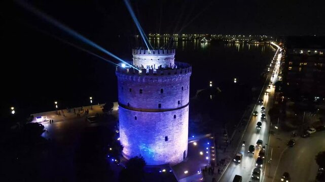 The illuminated White Tower in Thessaloniki, Greece, during the celebrations to welcome the new year.